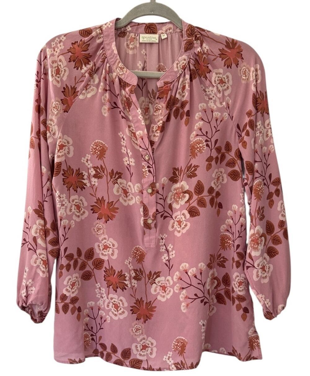 Spartina 449 Shirt Top Silk Blouse Floral Feminine Wildflower Mauve Pink Boho M
